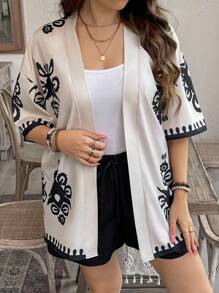 SHEIN LUNE 2pcs/Set Plus Size Women Graphic Print Short Sleeve Top And Solid Color Shorts Casual Set Western Wear Women Festival Boho Hippie Cowgirl Outfit Old Money Bohemian Summer Boho Old Money Summer Outfits For Women Spring Break Rave Outfits Festival Spring Break Outfits