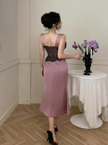 DAZY 女士 V 领蕾丝拼接无袖中长优雅连衣裙，情人节舞会礼服优雅 - 紫色 - 查看 2