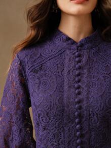 Anewsta Ladies' Long Sleeve Lace Rose Pink Dress Maxi Women Outfit - Purple - View 2