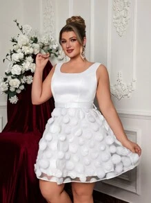 Glamrae Plus Size Elegant & Playful White Sleeveless Square Collar Short Puffy A-Line Dress, Bridal Shower, ,Party Dress, Wedding Dress, Little White Dress,Bride