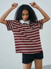 Easelle Casual College Style Contrast Color Stripe & Badge Decorated Short Sleeve Shirt