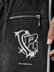 ROMWE MEN Street Life Men's Distressed Waistband Wash Vintage College Jogger Sweatpants - Black - View 2