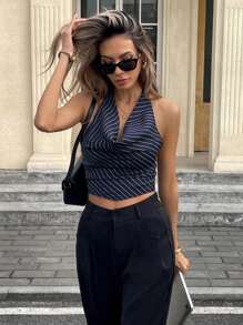 Siren Gaze Women's Drape Neck Striped Camisole, Halter Top,Office/Commuting Chic Summer Casual Blue - Navy Blue - View 3