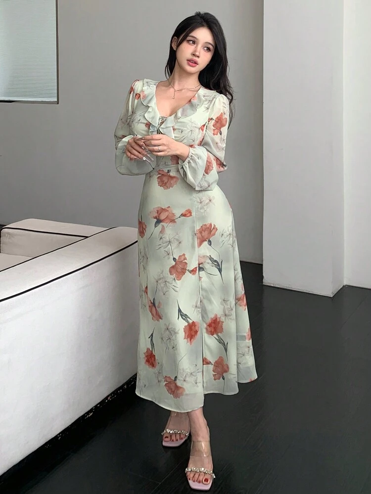 Women's Valentine's Day Rose & Ditsy Floral Chiffon Ruffle Hem Cinched Waist Mid-Length Dress, Vacation Style, Fall Dress Long Sleeve Dress Easter Dress Boho