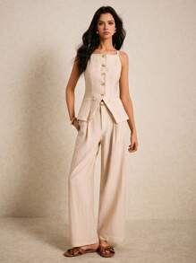 Poéselle 女士两件套，吊带背心和裤子 - 卡其色 - 查看 6