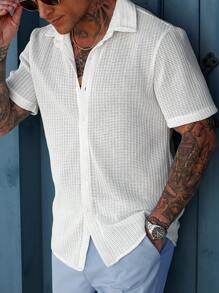 Manfinity CasualCool Camisa ajustada de manga corta con estampado de contraste casual para hombre, ropa de hombre para primavera y verano, regalo para el novio