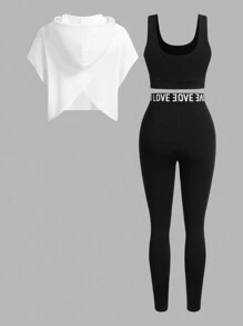 Easithlete Women Solid Color Round Neck Hooded T-Shirt And Leggings Sports Suitwomen Workout Set