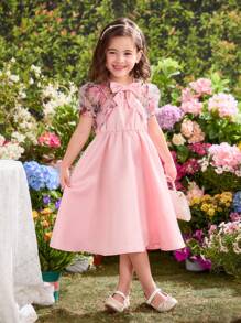 SHEIN 2pcs Set: Ditsy Floral Organza Cardigan & Solid Color Camisole Dress For Young Girls - Pink - View 5