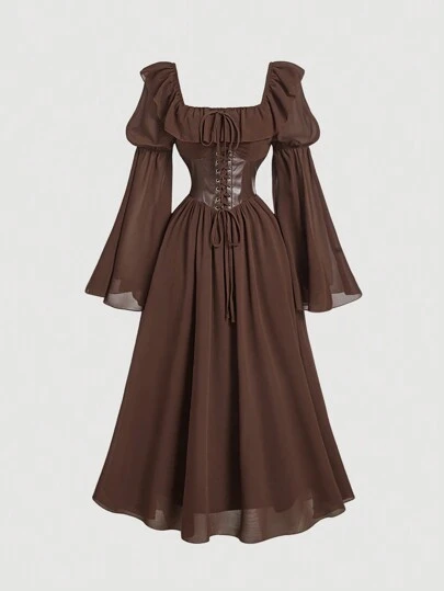 SHEIN MOD Brown Chiffon Patchwork PU Waist Vintage Flare Sleeve A-Line Dress,Vacation Outfits Woman,Western Wear Women,Country Outfits,Corset Dress,Cruise Outfits Women, Clothes Women, Spring/Summer Dress, Cottagecore Dress, Festival Tea Party Dress, Victorian Dress, Pirate Style Dress, Vintage Clothes