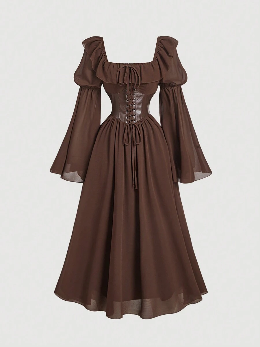 SHEIN MOD Đầm chữ A tay loe kiểu vintage bằng vải chiffon màu nâu, phối nhiều mảnh, chất liệu giả da, cạp chun, thích hợp cho kỳ nghỉ, trang phục miền Tây, trang phục đồng quê, đầm corset, trang phục du lịch biển, quần áo nữ. - màu nâu - Xem 1