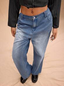Forever 21 大码女装秋冬新款经典复古洗水牛仔裤，百搭 - 藍色 - 查看 1