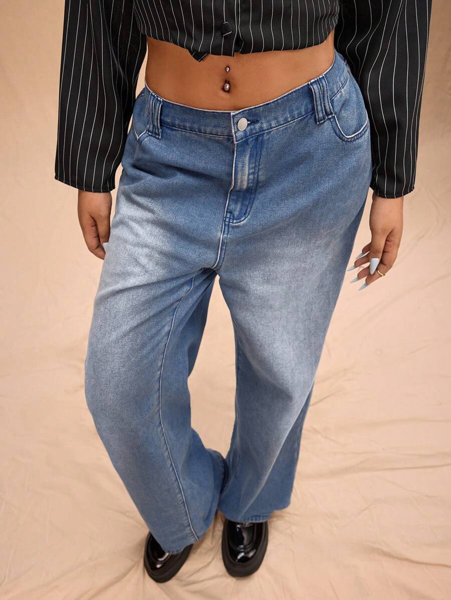 Forever 21 大码女装秋冬新款经典复古洗水牛仔裤，百搭 - 藍色 - 查看 1