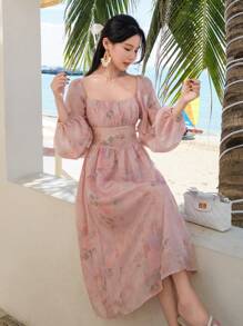DAZY Spring New Fashion Plant Print Waist High Waist Sundress, Elegant Long Sleeve Ditsy Floral Dress, High-End Pink Ditsy Floral Formal Dress For Women