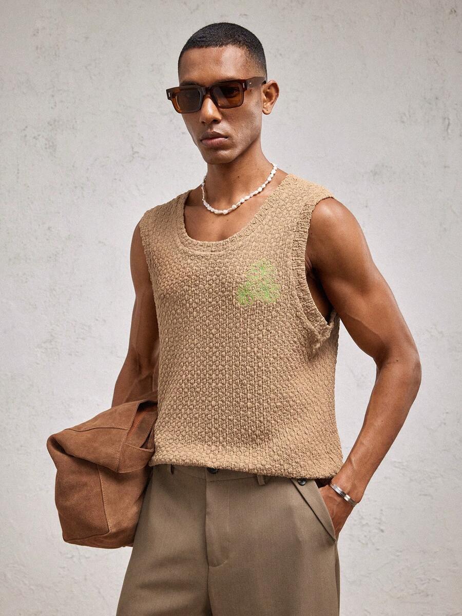 AKNOTIC Business Casual 男士卡其色花卉刺绣提花针织无袖休闲背心，适合春夏季日常穿着和度假 - 卡其色 - 查看 1