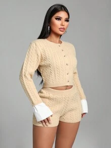 Zolique Lässig Zopfstrick Strickjacke und Shorts 2-teiliges Set - Aprikosenfarben - Übersicht 5