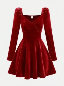 Girlism 少女节日装扮，情人节连衣裙，红色天鹅绒连衣裙，纯色长袖天鹅绒优雅连衣裙，A 字腰连衣裙，派对连衣裙，中国新年装扮 - 紅色 - 查看 5