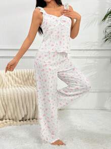 Women's Ditsy Floral Ruffle Hem Top And Long Pants Pajama Set - Beige - View 3