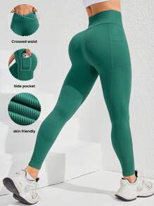 Women's Solid Color Casual Fitness Leggings, Minimalist Style For Daily Wear