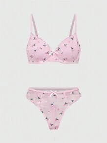 ROMWE Kawaii Romantic Floral Print Woman Underwear Lingerie Set With Underwire, Young Lady Style, Spring - Pink - View 1