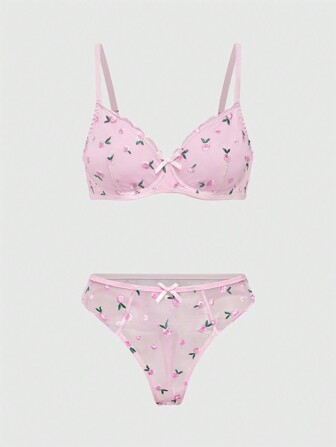 Kawaii Set di biancheria intima e lingerie da donna con motivo floreale romantico, con ferretto, stile giovane signora, per la primavera