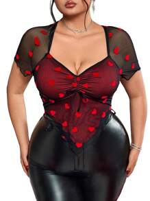 SHEIN ICON Plus Size Valentine's Day Heart Mesh Asymmetrical Hem T-Shirt - Multicolor - View 1