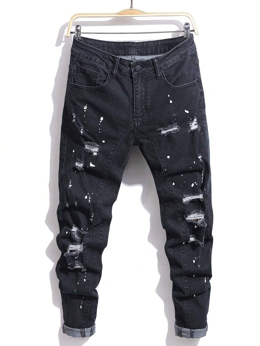 Manfinity LEGND Men's Ripped Pocket Casual Versatile Denim Jeans - Black - View 1