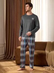 Shein Underwear&Sleepwear Basics Conjunto de 2 piezas de ropa de descanso para hombre, top de manga larga y pantalones