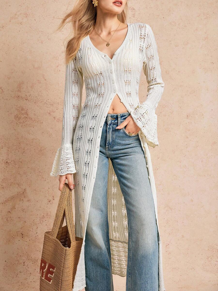 Poéselle 法式度假风镂空喇叭袖针织外套休闲长款宽松开衫，波西米亚风女式连衣裙外套，度假海边泳衣沙滩外套外套，长款沙滩裙
