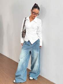 SHEIN Unity Women's Casual Versatile Criss-Cross Wrapped Tie-Up Collar Waist Slimming Long Sleeve Shirt Fall Cloth For Women - White - View 3