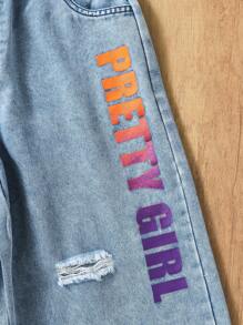 Girls Casual Butterfly & Letter Print Denim Jeans, Versatile For Daily Wear, Spring/Summer/Autumn - Blue - View 6