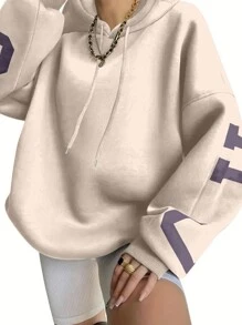 INAWLY Áo nỉ có mũ in chữ thường ngày dành cho nữ, Thu/Đông, Tốt nghiệp, Giáo viên, Trở lại trường - Màu be - Xem 4