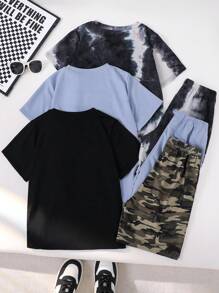 6 pièces/Set de T-shirts à col rond et shorts pour garçons préados en tie-dye et imprimé camouflage, convenant pour le déplacement, l'école, le port casual quotidien, les sports, le printemps et l'été