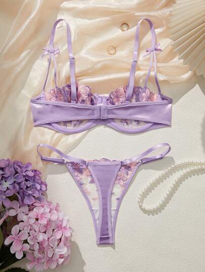 Paars Romantic Bloemen Geborduurde Women Verleidelijke Lingerie Set view 2