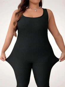 SHEIN CURVE+ Combinaison femme grande taille d'été à col carré de couleur unie - Noir - Voir 5