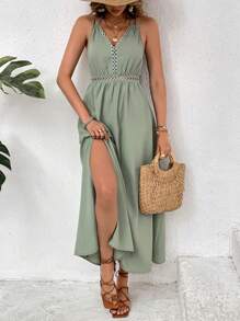 SHEIN Frenchy Women's Solid Color Lace Panel V-Neck Long Dress, Double Shoulder Strap Suspenders, Lace Splicing, V-Neck Long Dress, Solid Green Textured Fabric, Elegant Vacation, Suitable For Daily Wear, Spring/Summer,Sage Green Dress Casual