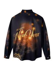 Men's Front Button Long Sleeve Casual New Year Printed Shirt Top For New Year Eve - Black - View 2