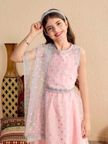 2pcs/Set Tween Girl Round Neck Sleeveless Embroidered Top And Skirt - Green - View 4
