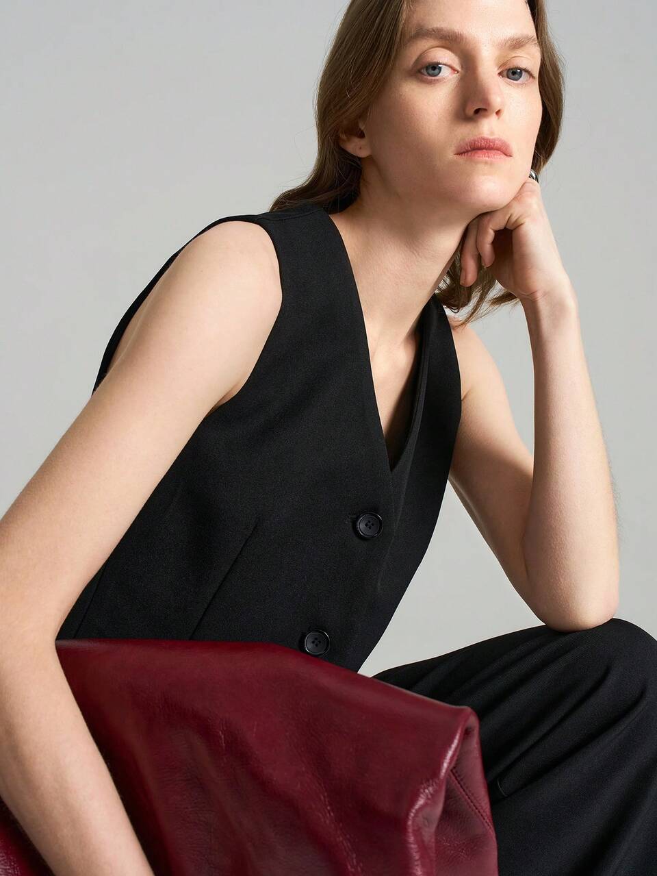 Women's 2025 New Arrival Black Loose Simple Sleeveless Vest Jacket & Pants Suit Set, Daily Office Wear, Minimalist Chic, Spring/Summer, Retro Style