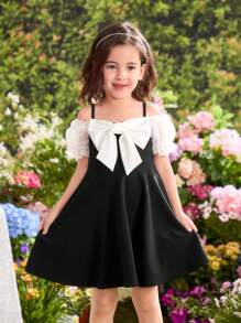 Young Girl Color Block Bowknot Camisole Bodycon Dress - Black and White - View 1
