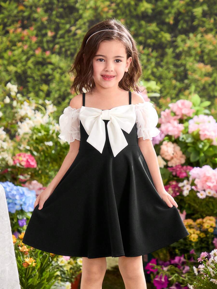 Young Girl Color Block Bowknot Camisole Bodycon Dress - Black and White - View 1
