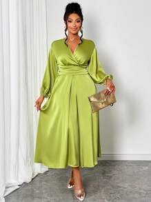 SOLERSUN Maweii Women's Elegant Solid Color Simple Daily Satin Dress With Pleated Design St. Patrick's Day, Tea Party Outfit - Green - View 5