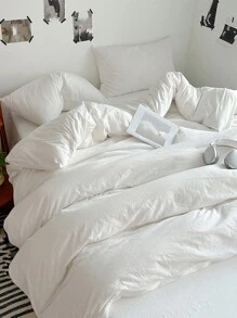 3 件套象牙色床上用品套装，柔软羽绒被套和 2 个枕套，可洗，无填充物，适用于宿舍或卧室