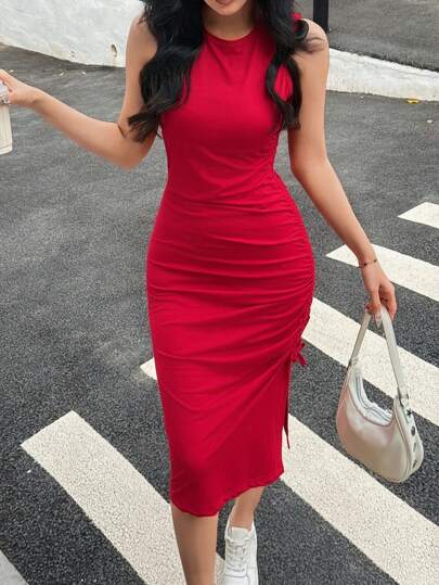 SHEIN Explorewe Teen Girl Red Valentine's Day Casual Simple Teens Round Neck Sleeveless Waist Drawstring Elastic Knitted Mini Dress With Small Slit, Elegant, Wedding, Wedding Guest