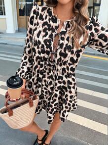 SHEIN Frenchy Women's Leopard Print Tie Front Lantern Long Sleeve Short Dress,Beige,Autumn,Boho Chic,Vacation,Casual Pleat Cross Neck Winter New Years Cheetah Dress - Multicolor - View 3
