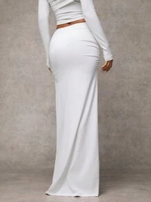 SHEIN BAE Women's Fashion Sexy Solid Color Hollow Out Side Slit Skirt - White - View 2