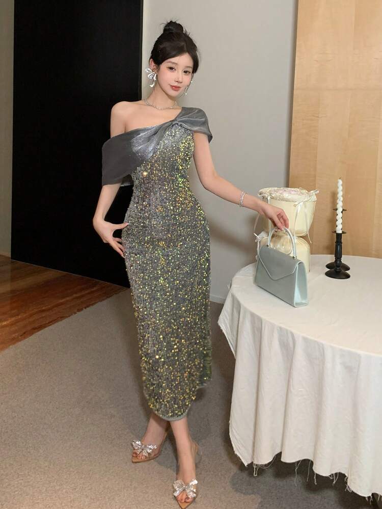 Sequin Bow Twist Accent Fitted Off Shoulder Party Dress For Women Prom Dress Party Women Sundress Homecoming Dresses Luxury New Year Eve Dress Valentine's Day Carnival Sparkly Dress Maxi Dress