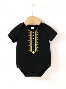 SHEIN Newborn Baby Boys Girls Black  Neck Short Sleeve Bodysuit, Casual Versatile Style Suitable For Spring, Autumn, Or Summer Daily Wear, Outdoor Activities
