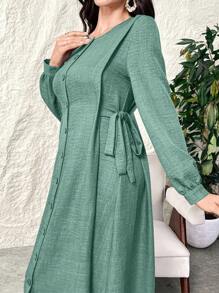 Al Najma 女式圆领长袖单排扣侧结阿拉伯风格连衣裙，端庄 - 綠色 - 查看 3