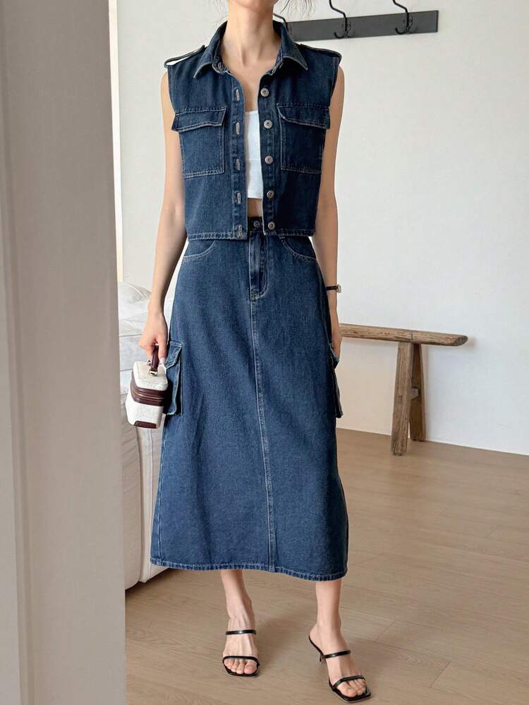 Women Denim Outfit Sleeveless Top And Skirt Set, Minimalist & Fashionable For Casual Everyday Wear