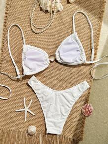 Swim Mod 2 món/Bộ đồ bơi nữ mùa hè họa tiết vỏ sò vải trắng họa tiết áo Bandeau và quần bikini khoét sâu - Màu be - Xem 2